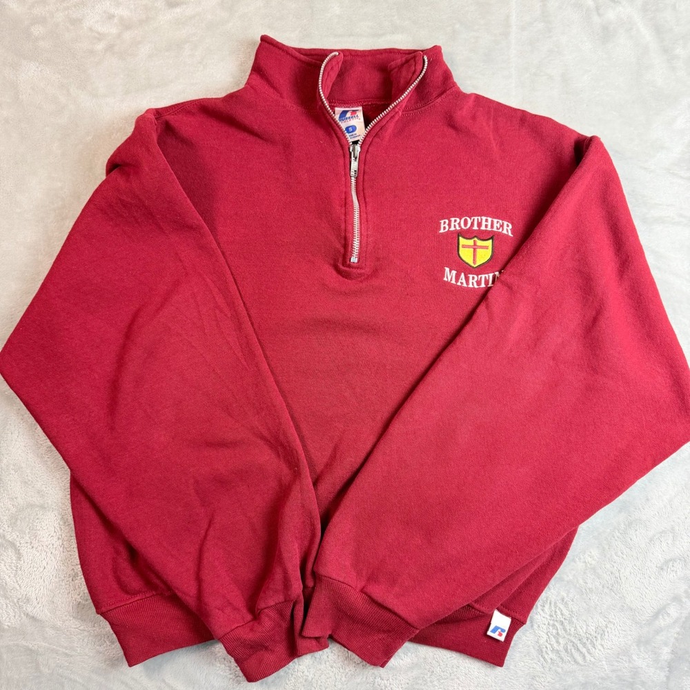 RUSSELL ATHLETIC Vintage Brother Martin Mens S Red Quarter Zip Sweatshirt 90s